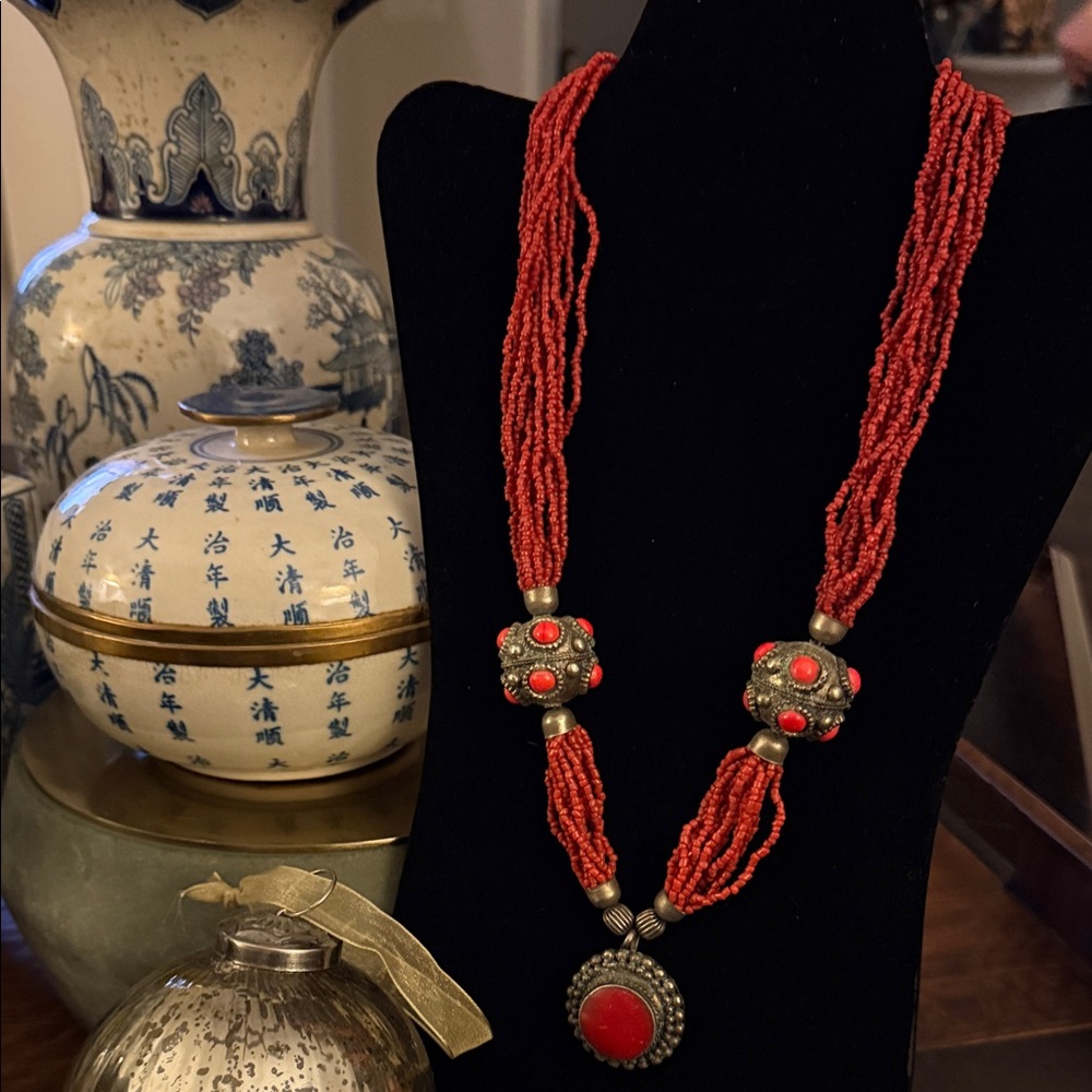 Vibrant Red Beaded Necklace with Silver Accents